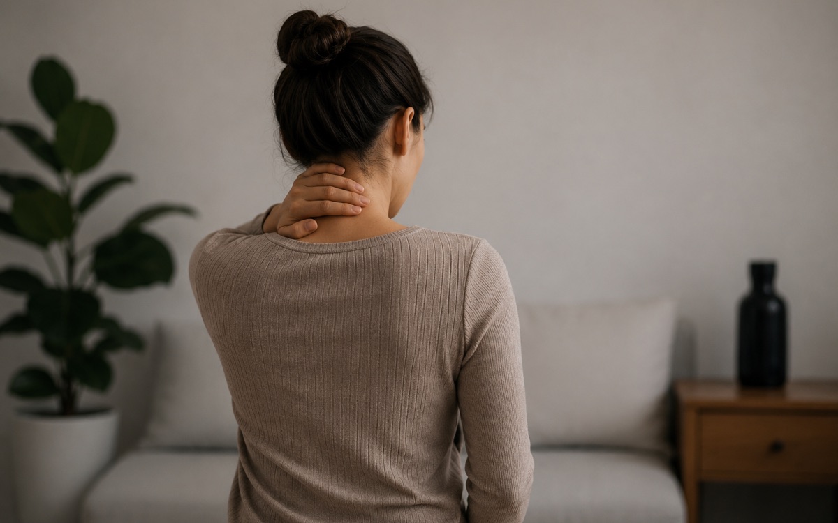 Woman seated at home holding the back of her neck in discomfort