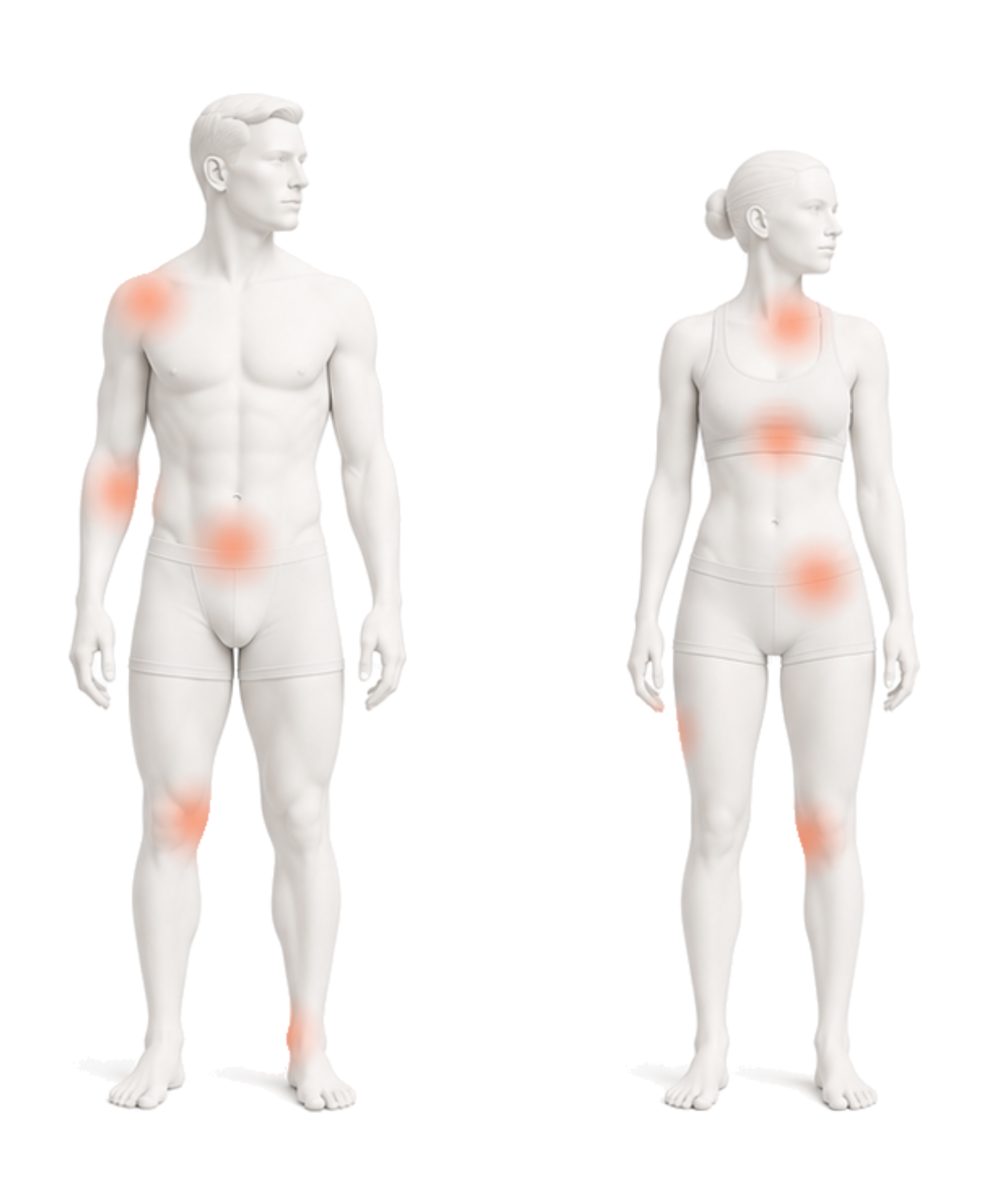 Illustration of a male and female body figure marking common areas of musculoskeletal pain