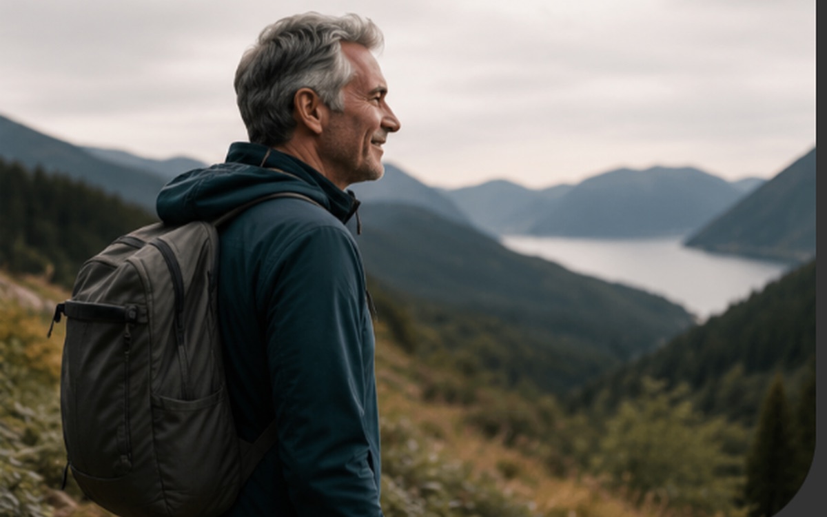 Older man with a backpack hiking above a mountain lake