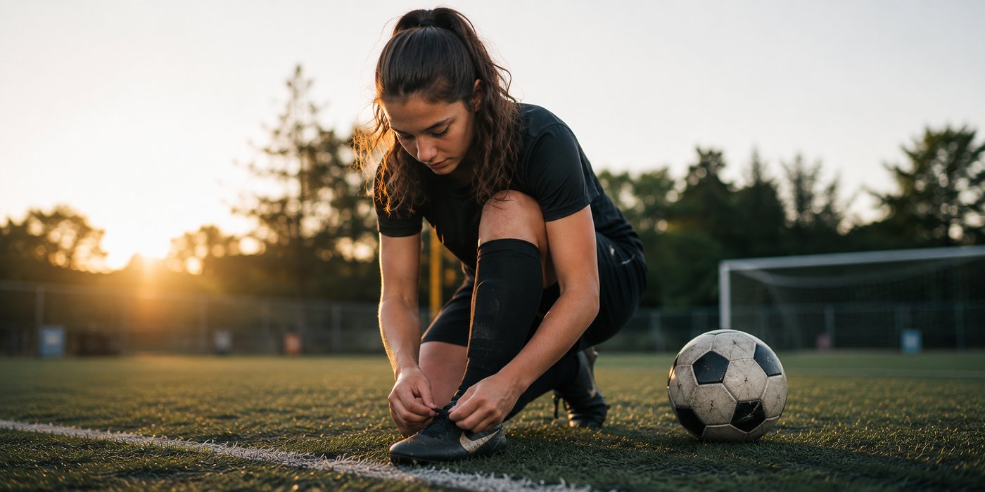 A young soccer player kneels on the field at sunset to tie her cleat, a ball beside her