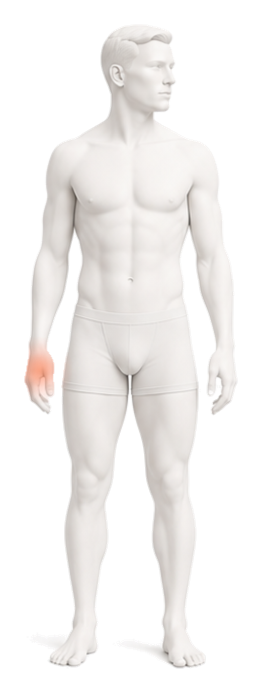 Body illustration with the wrist and palm-side thumb, index, and middle fingers highlighted.