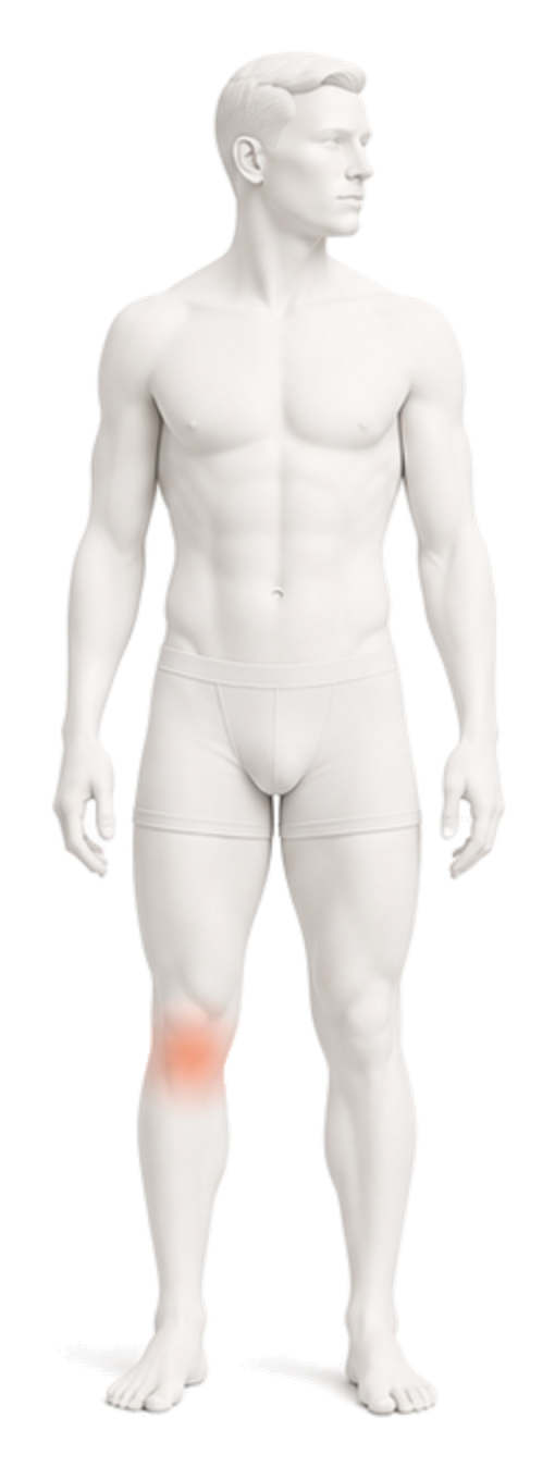 Body illustration with the front of the knee below the kneecap highlighted.