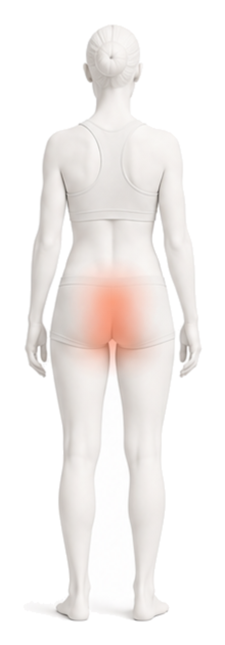 Body illustration with the back of the pelvis near the tailbone and hips highlighted.
