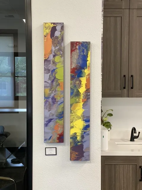 A tall vertical panel by Steve Caldwell in flowing grey, maroon, and cream marbled tones.